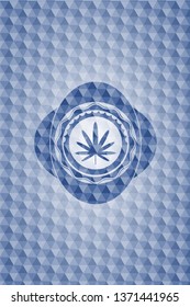 weed leaf icon inside blue emblem with geometric pattern background.