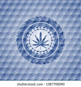 weed leaf icon inside blue emblem with geometric background.