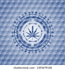 weed leaf icon inside blue emblem with geometric pattern background.