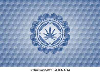 weed leaf icon inside blue emblem or badge with geometric pattern background.
