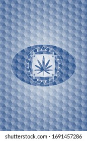 weed leaf icon inside blue badge with geometric background.