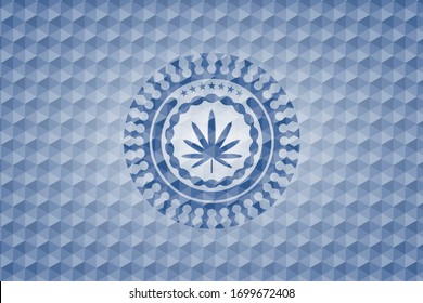 weed leaf icon inside blue emblem or badge with abstract geometric polygonal pattern background.