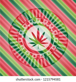 weed leaf icon inside christmas badge background.