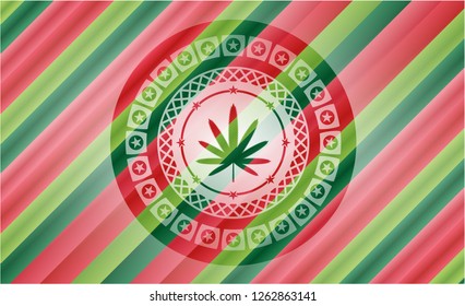 weed leaf icon inside christmas colors style badge.