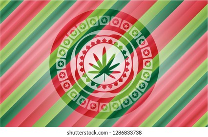weed leaf icon inside christmas emblem background.