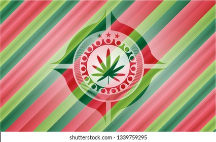 weed leaf icon inside christmas colors style badge.