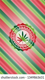 weed leaf icon inside christmas emblem background.