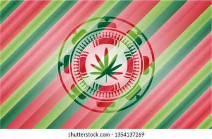 weed leaf icon inside christmas colors style badge.