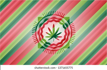 weed leaf icon inside christmas colors style badge.