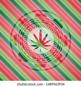 weed leaf icon inside christmas style badge..