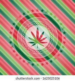 weed leaf icon inside christmas colors emblem.