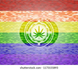 weed leaf icon inside emblem on mosaic background with the colors of the LGBT flag
