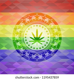 weed leaf icon inside emblem on mosaic background with the colors of the LGBT flag