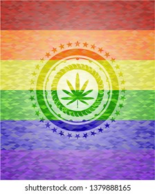 weed leaf icon inside emblem on mosaic background with the colors of the LGBT flag