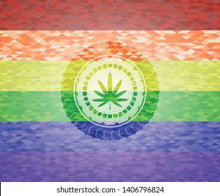 weed leaf icon inside emblem on mosaic background with the colors of the LGBT flag