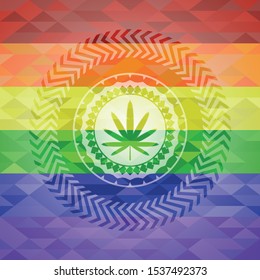 weed leaf icon inside emblem on mosaic background with the colors of the LGBT flag