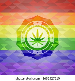 Unkrautblattsymbol innerhalb des Emblems auf mosaikem Hintergrund mit den Farben der LGBT-Flagge