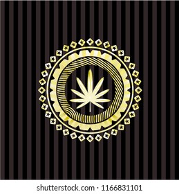 weed leaf icon inside gold shiny badge