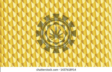weed leaf icon inside gold badge. Scales pattern. Vector Illustration. Detailed.