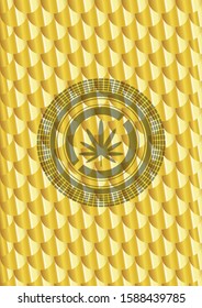 weed leaf icon inside gold shiny badge. Scales pattern. Vector Illustration. Detailed.