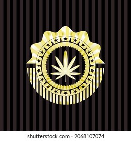 weed leaf icon inside gold emblem or badge. 