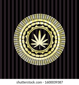 weed leaf icon inside golden emblem or badge
