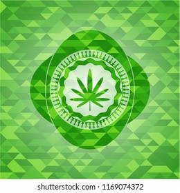 weed leaf icon inside green emblem with mosaic background