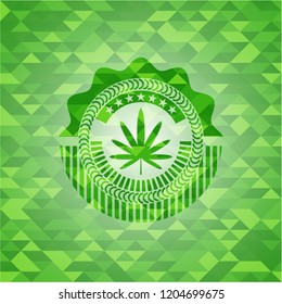 weed leaf icon inside green emblem. Mosaic background