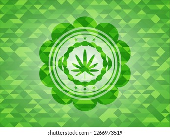 weed leaf icon inside green emblem with mosaic ecological style background
