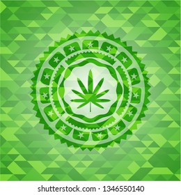 weed leaf icon inside green emblem with mosaic background