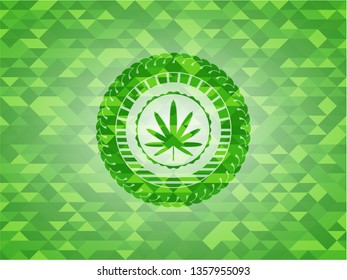 weed leaf icon inside green emblem with mosaic ecological style background