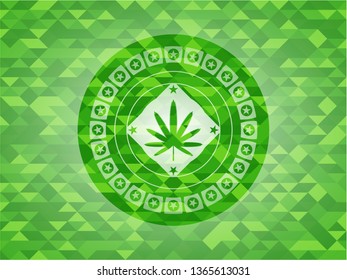 weed leaf icon inside green emblem with mosaic ecological style background