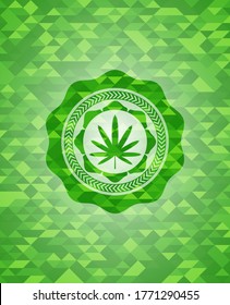 Unkrautblattsymbol in grünem Emblem. Mosaikaner Hintergrund. 