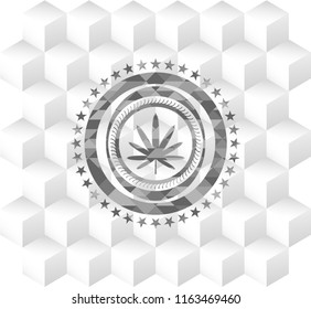 weed leaf icon inside grey badge with geometric cube white background