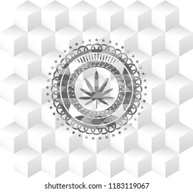 weed leaf icon inside grey emblem. Vintage with geometric cube white background