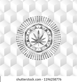 weed leaf icon inside grey icon or emblem with geometric cube white background