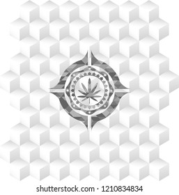 weed leaf icon inside grey emblem with cube white background
