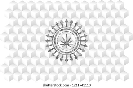 weed leaf icon inside grey emblem with cube white background
