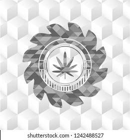 weed leaf icon inside grey emblem with cube white background