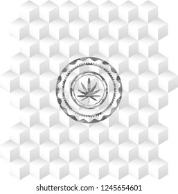 weed leaf icon inside grey badge with geometric cube white background