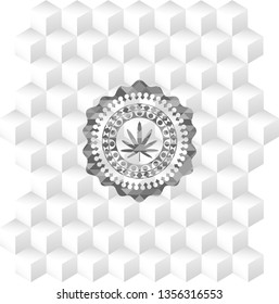 weed leaf icon inside grey icon or emblem with geometric cube white background