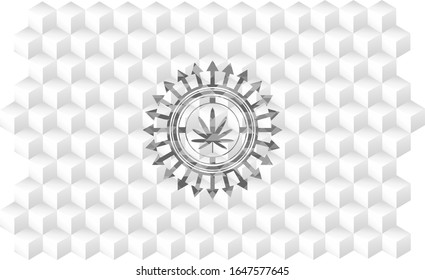 weed leaf icon inside grey emblem. Retro with geometric cube white background