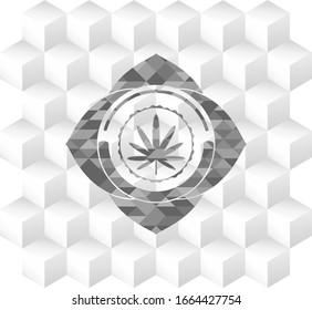 weed leaf icon inside grey badge with geometric cube white background