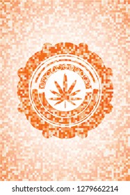 weed leaf icon inside orange mosaic emblem with background