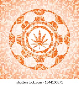 weed leaf icon inside orange mosaic emblem