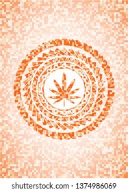 weed leaf icon inside orange mosaic emblem with background