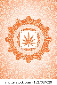 weed leaf icon inside orange tile background illustration. Square geometric mosaic seamless pattern with emblem inside.