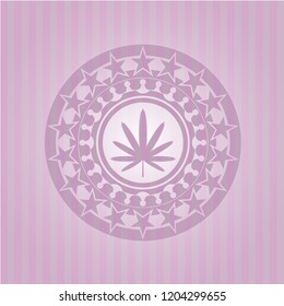 weed leaf icon inside pink emblem. Retro