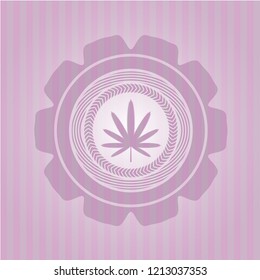 weed leaf icon inside pink emblem. Retro