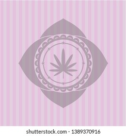 weed leaf icon inside pink emblem. Vintage.